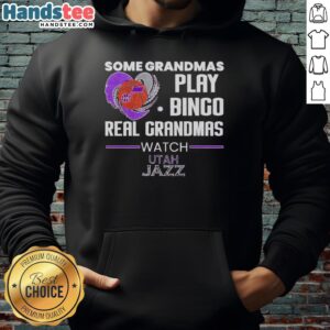 Premium hoodie featuring grandmas playing bingo while watching Utah Jazz, perfect for fans and cozy style lovers.