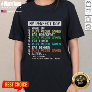 Retro ladies tee featuring 'My Perfect Day' design with video games, breakfast, and a fun wake-up theme.