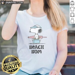 Cute Peanuts Beach Bum Snoopy ladies tee featuring a fun beach-themed Snoopy design, perfect for summer outings.