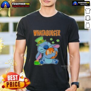 Happy Patrick's Day T-shirt featuring a Nice Stitch hugging the Whataburger logo, perfect for festive celebrations.