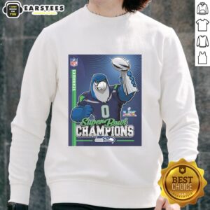 Nice Seahawks Super Bowl Champs mascot trophy sweatshirt, perfect for fans celebrating the team's victory.