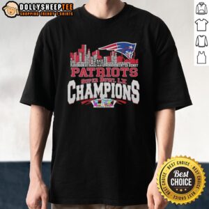 Premium Super Bowl LX Champions New England Patriots T-shirt featuring city skyline and player names design.