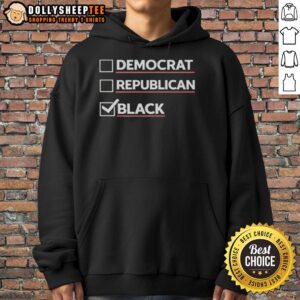 Dr. Boyce Watkins wearing a black hoodie featuring 'Democrat Republican' design, promoting political dialogue.