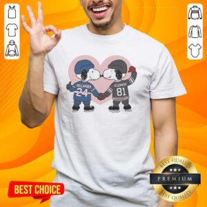 Good Snoopy X Ilya Rozanov and Shane Hollander hockey romance t-shirt featuring vibrant graphics and playful design.