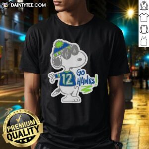 Alt Text: Awesome Snoopy wearing a Seattle Seahawks outfit with 'Go Hawks' T-Shirt, perfect for NFL fans and Snoopy lovers.