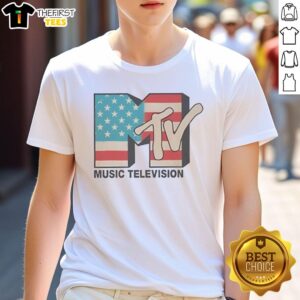 Alt Text: Classic MTV Music Television US Flag logo t-shirt featuring vibrant colors and iconic branding for music lovers.