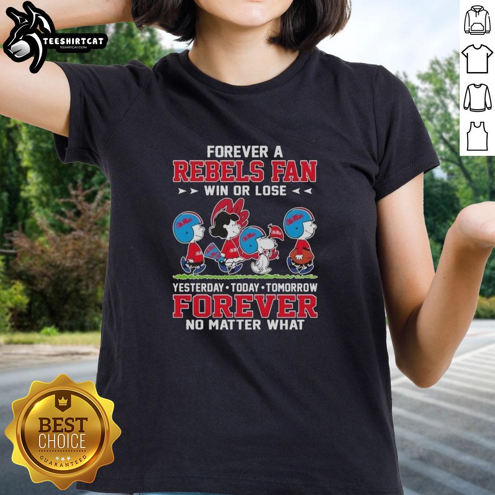 peanuts-snoopy-and-friends-forever-a-ole-miss-rebels-fan-win-or-lose-no-matter-what-ladies-tee Peanuts Snoopy and friends ladies tee for Ole Miss Rebels fans, celebrating loyalty win or lose.