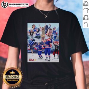 Alt Text: Official Olympics Team USA Dominated Ladies Tee featuring a bold design and vibrant colors, perfect for sports fans.