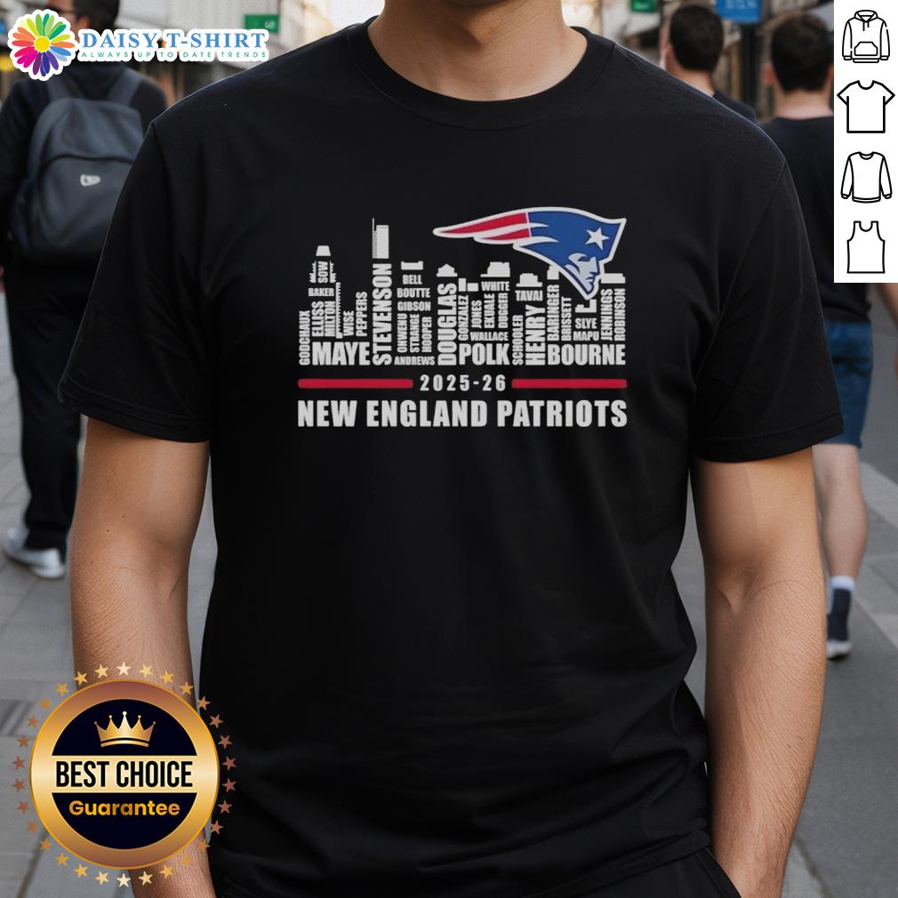 Premium 2025 26 New England Patriots Football All Names City Skyline T Shirt Premium 2025-26 New England Patriots Football T-Shirt featuring all names and city skyline design.
