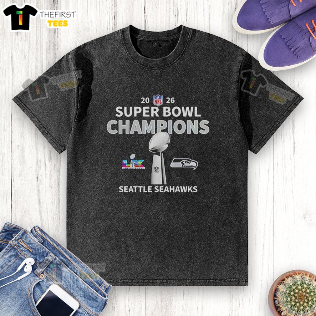 premium-nfl-2026-seattle-seahawks-super-bowl-lx-champions-vince-lombardi-trophy-washed-t-shirt Alt Text: Premium NFL 2026 Seattle Seahawks Super Bowl LX Champions washed t-shirt featuring the Vince Lombardi Trophy design.