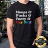 Premium Sarah Spain Hoops And Pucks And Footy And Gay Shit T-Shirt featuring a stylish design celebrating sports and LGBTQ+ pride.