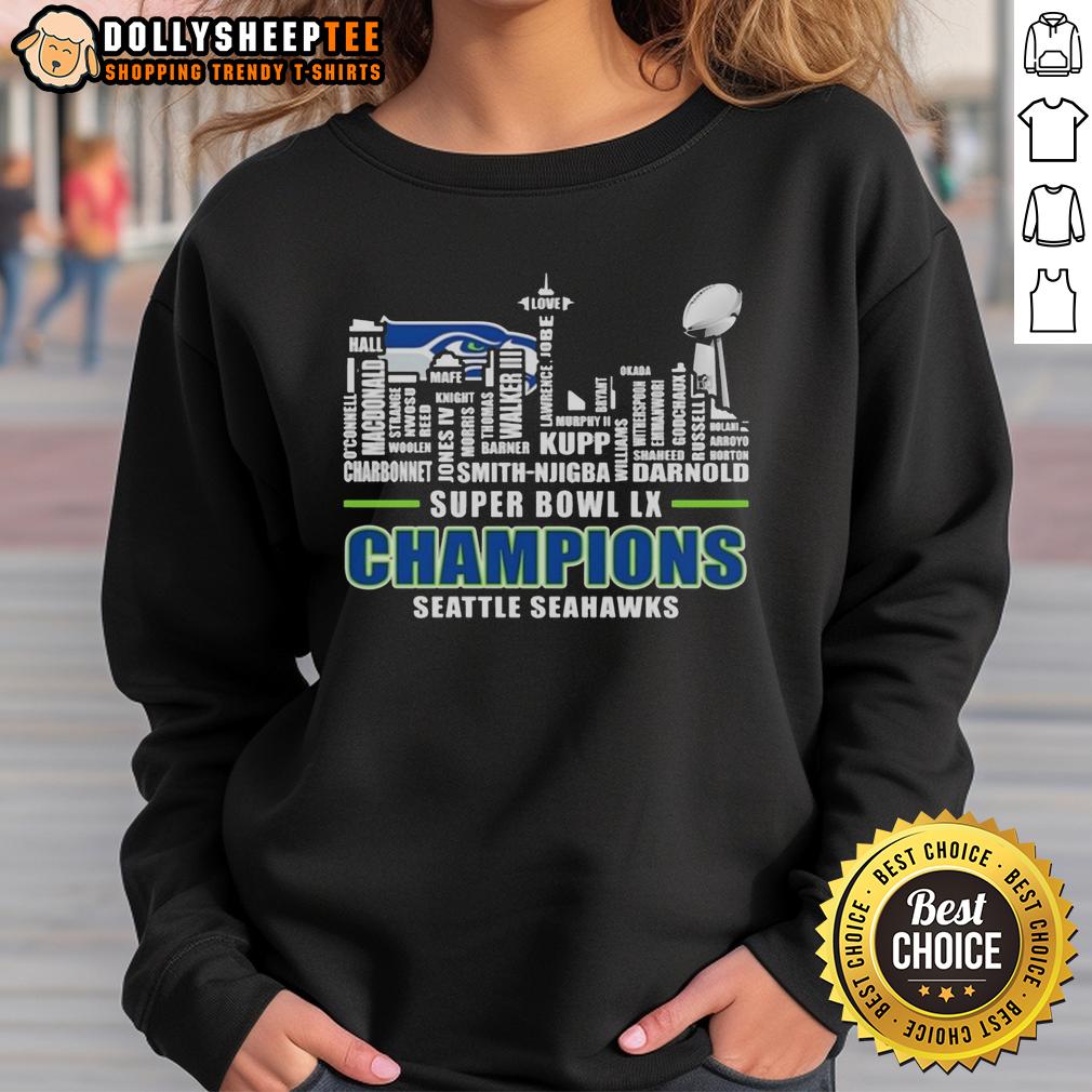 Premium Seattle Seahawks Super Bowl Lx Champions 2026 Players Name City Skyline Shape Sweatshirt Alt Text: Premium Seattle Seahawks Super Bowl LX Champions 2026 sweatshirt featuring player names and city skyline design.