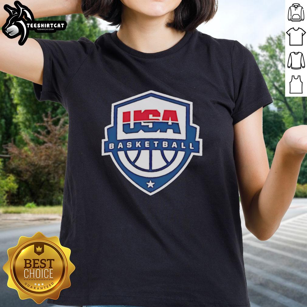 premium-usa-basketball-shield-logo-ladies-tee Premium USA Basketball Shield Logo Ladies Tee featuring a stylish design for female basketball fans.