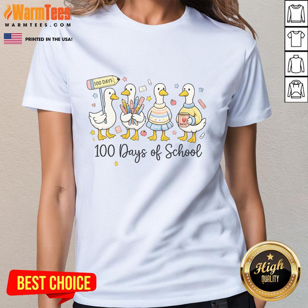 pretty-100-days-of-school-ducks-cute-goose-teacher-100th-day-ladies-tee Alt Text: Cute goose teacher with ducks celebrating 100 days of school on a ladies tee shirt design. Perfect for 100th day events!