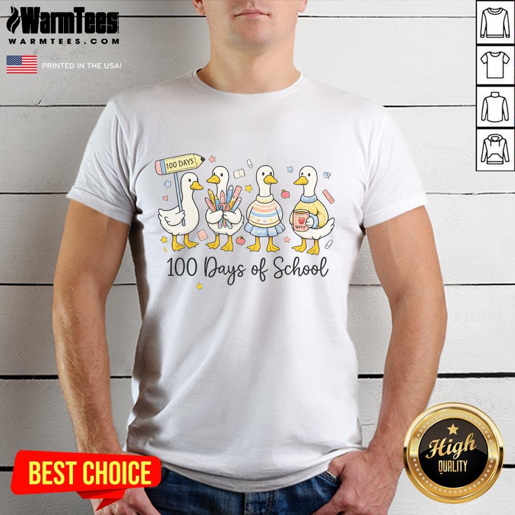 pretty-100-days-of-school-ducks-cute-goose-teacher-100th-day-t-shirt Alt Text: Cute 100 Days of School Ducks and Goose design on a teacher t-shirt celebrating the 100th day of school.