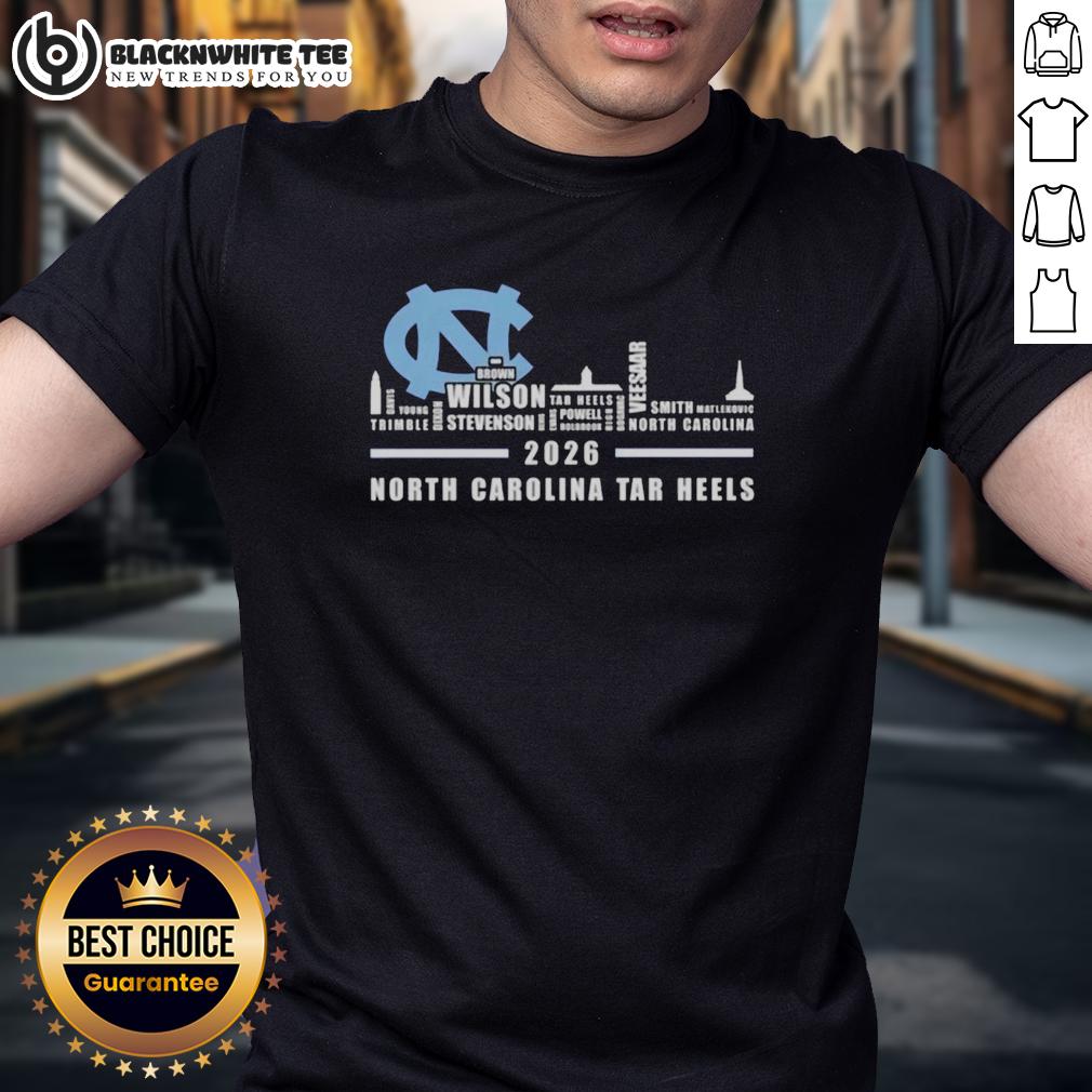 Pretty 2026 North Carolina Tar Heels All Names City Skyline T Shirt 2026 North Carolina Tar Heels T-Shirt featuring city skyline and player names, perfect for fans and collectors.