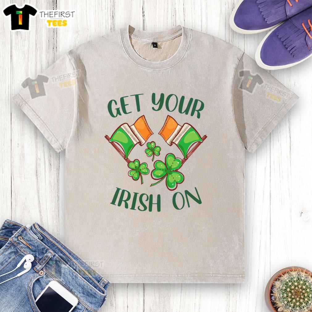 pretty-get-your-irish-on-st-patricks-day-washed-t-shirt Alt Text: Pretty Get Your Irish On St. Patrick's Day washed t-shirt featuring festive green design for celebrating the holiday.