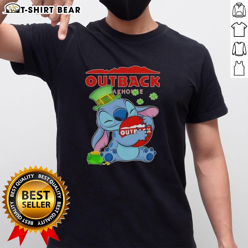Pretty Stitch Hug The Outback Steakhouse Logo Happy Patrick'S Day T Shirt Alt Text: Happy St. Patrick's Day T-shirt featuring Pretty Stitch Hug logo for Outback Steakhouse celebration.