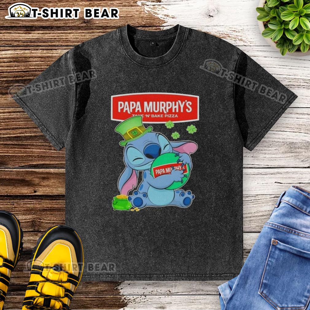 Pretty Stitch Hug The Papa Murphys Logo Happy Patrick'S Day Washed T Shirt Alt Text: Happy St. Patrick's Day washed t-shirt featuring Pretty Stitch Hug and the Papa Murphy's logo design.