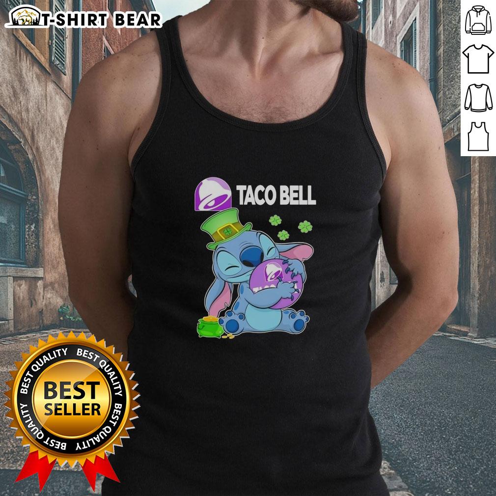 Pretty Stitch Hug The Taco Bell Logo Happy Patrick'S Day Tank Top Alt Text: Happy St. Patrick's Day tank top featuring a cute stitch hugging the Taco Bell logo.