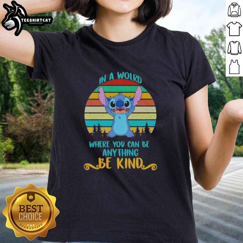 pretty-stitch-in-a-wolrd-where-you-can-anything-be-kind-retro-ladies-tee Retro ladies tee featuring 'Pretty Stitch' design, promoting kindness in a whimsical world. Perfect for casual wear.