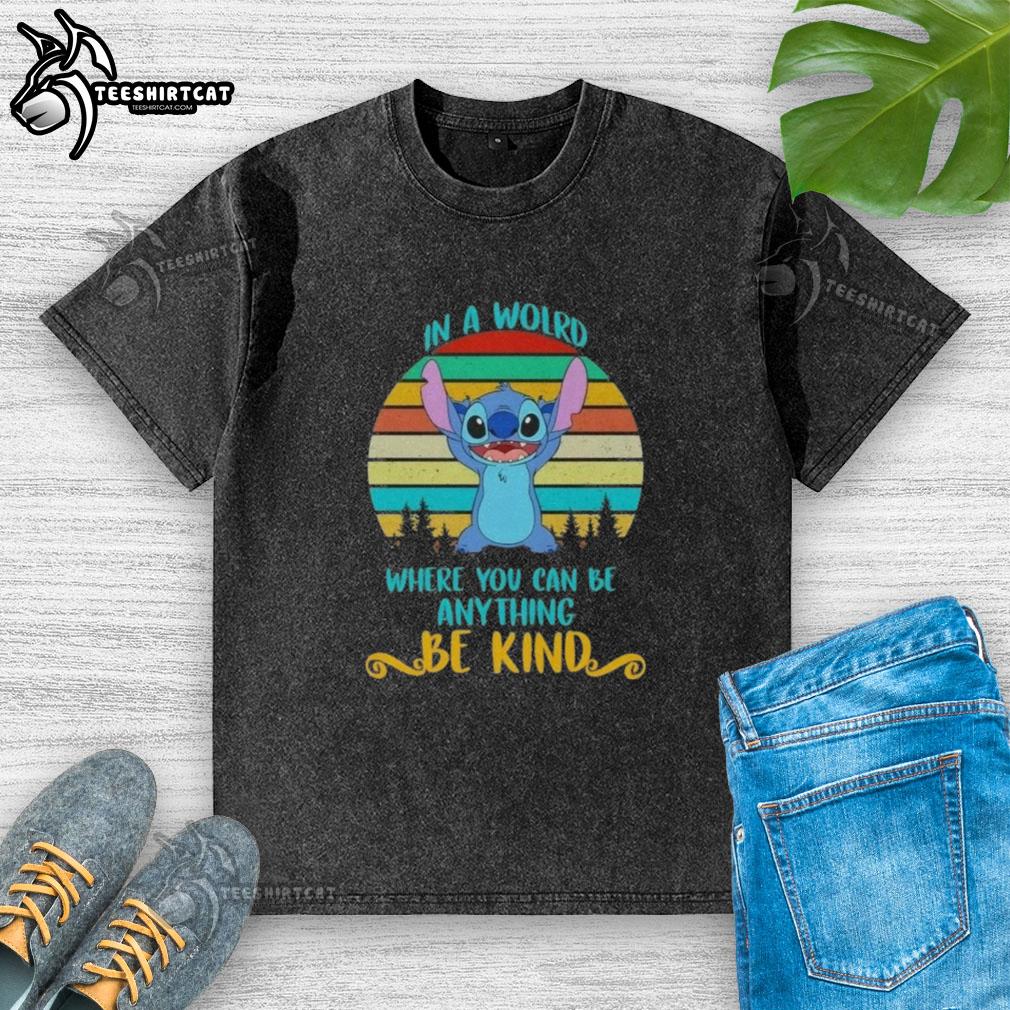 pretty-stitch-in-a-wolrd-where-you-can-anything-be-kind-retro-washed-t-shirt Retro washed t-shirt featuring 'Pretty Stitch in a World Where You Can Be Anything, Be Kind' design.