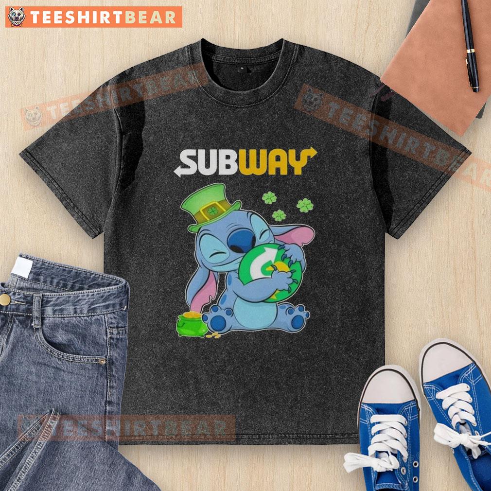 pretty-stitch-with-st-patricks-hug-subway-logo-washed-t-shirt Alt Text: Pretty Stitch St. Patrick's Hug Subway Logo on a washed t-shirt, perfect for festive celebrations.