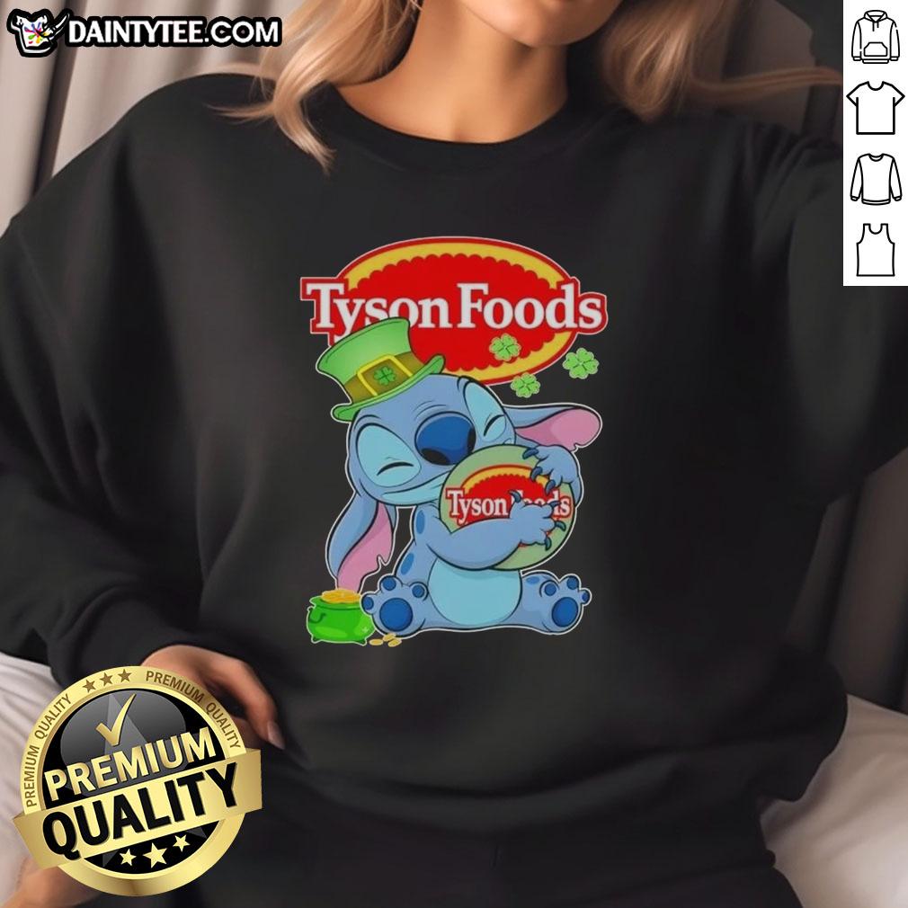 pretty-stitch-with-st-patricks-hug-tyson-foods-logo-sweatshirt Stylish St. Patricks Day sweatshirt featuring Pretty Stitch design and Tyson Foods logo, perfect for festive celebrations.