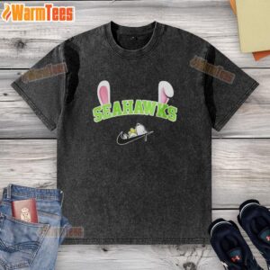 Official Seattle Seahawks X Snoopy Happy Easter washed t-shirt featuring vibrant graphics and a festive design.