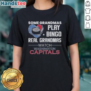 Premium ladies tee featuring grandmas playing bingo and watching Washington Capitals, perfect for hockey fans.