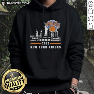 Alt Text: 2026 New York Knicks hoodie featuring city skyline design and player names, perfect for fans and collectors.