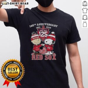 Alt Text: Hot Boston Red Sox Charlie Brown and Snoopy 125th Anniversary T-Shirt featuring vibrant graphics, celebrating 1901-2026.