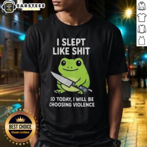 Alt Text: Funny grumpy tired frog choosing violence t-shirt design featuring a cartoon frog with a fierce expression.