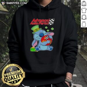 Happy St. Patrick's Day hoodie featuring Nice Stitch Hug and Advance Auto Parts logo in vibrant green design.