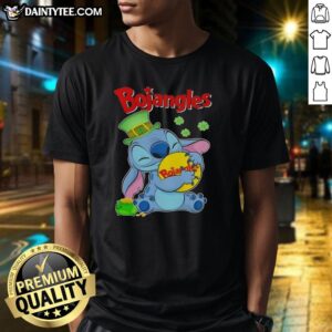 Happy Patrick's Day T-shirt featuring Nice Stitch Hug Bojangles logo design, perfect for festive celebrations.
