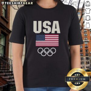 Official Team USA flag design on an Olympic golf ladies' tee, showcasing patriotism and sportsmanship.