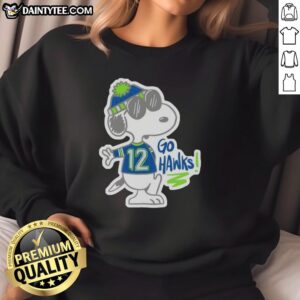 Awesome Snoopy in Seattle Seahawks outfit, wearing a 'Go Hawks' sweatshirt, showcasing team spirit and fun.