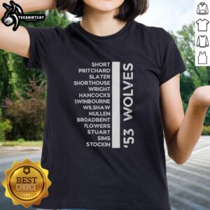 Alt Text: 1953-54 Wolves Legends Championship Squad Ladies Tee featuring iconic team players in vintage style.