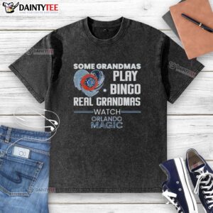 Premium Orlando Magic washed t-shirt featuring grandmas playing bingo, perfect for fans and casual wear.