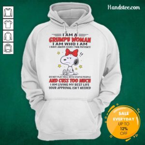 Alt Text: Grumpy woman hoodie featuring Snoopy with text 'I have anger issues & thin patience' - Nice Peanuts design.