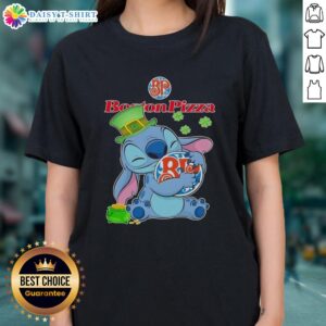 Alt Text: Cute Stitch Hug Boston Pizza Logo on Happy St. Patrick's Day Ladies Tee - Fun festive shirt design.