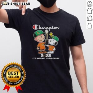 Alt Text: Awesome Charlie Brown and Snoopy 2025 CFP National Championship Miami Hurricanes T-Shirt design featuring vibrant colors.