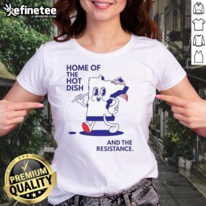 Women in Minnesota holding a flag in front of a map, showcasing the Good Home of the Hot Dish tee design.