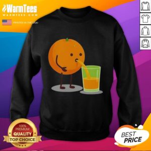 Hot orange juice character wearing a fun squeezed sweatshirt, vibrant design perfect for juice lovers and fashion enthusiasts.