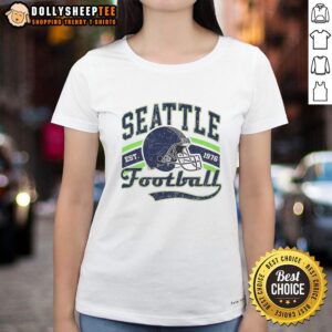 Retro Seattle Seahawks Super Bowl LX helmet design on a ladies' tee, established 1976, perfect for fans.