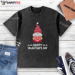 Happy Valentine's Day t-shirt featuring a cute Valentine gnome and the phrase 'Love You More' in vibrant colors.