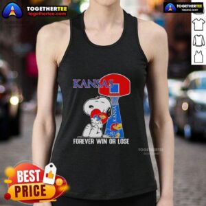 Official Peanuts Snoopy Forever Win or Lose Kansas Jayhawks Basketball Tank Top featuring Snoopy and team colors.