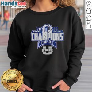 Alt Text: Official Utah State Aggies 2025 Mountain West Women's Volleyball Champions sweatshirt in navy blue, showcasing team pride.