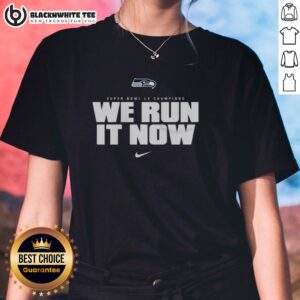 Top Seattle Seahawks Nike Super Bowl LX Champions We Run It Now Ladies Tee showcasing team pride and style.