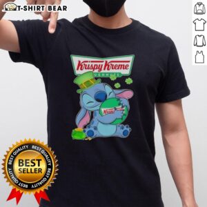 Alt Text: Pretty Stitch Hug T-shirt featuring the Krispy Kreme logo for a festive Happy Patrick's Day celebration.